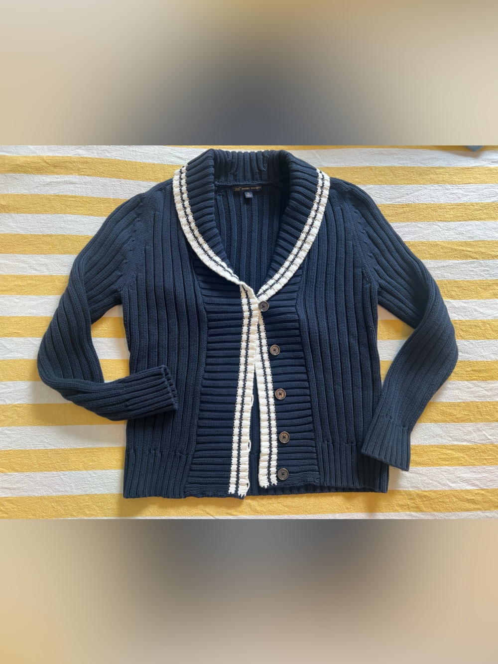 Brooks Brothers Navy Cardigan with White Trim Shawl Collar